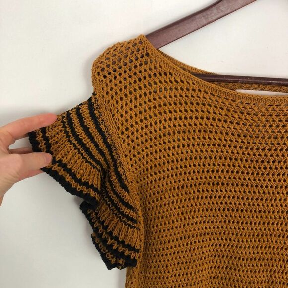 Loft Ann Taylor Mustard Black Open Knit Short Sleeve Sweater Top - Picture 2 of 5